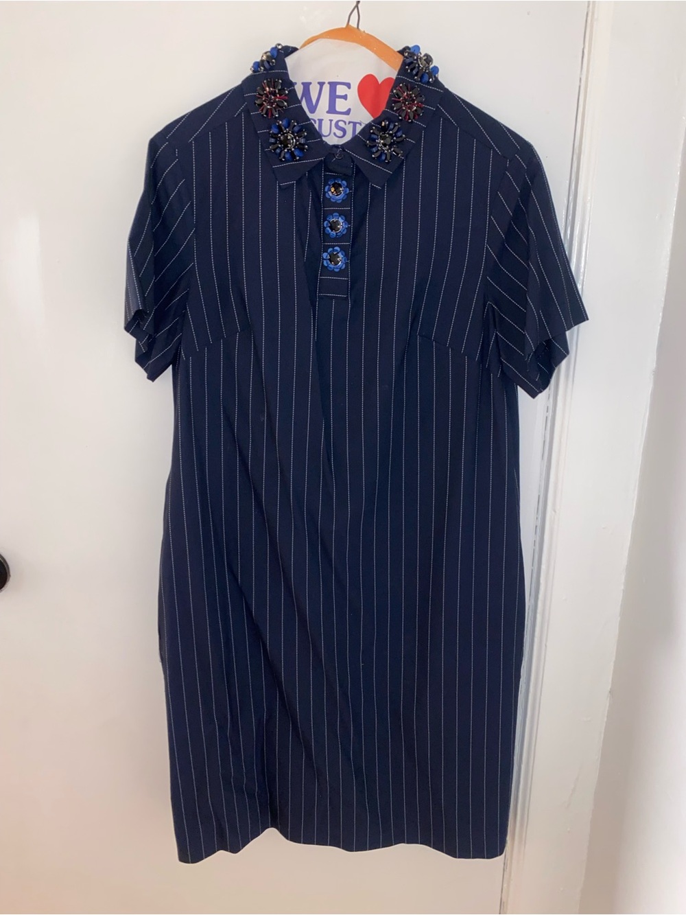 Banana Republic Navy Pinstripe Midi Dress with Jeweled Collar